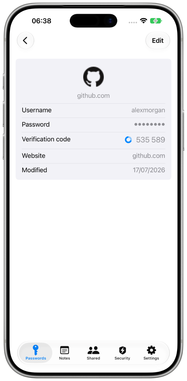 ZZPass credential detail with a live TOTP verification code on iPhone