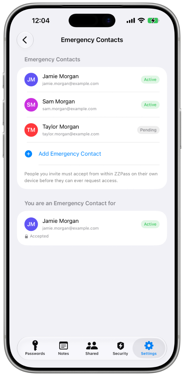 Emergency Contacts list in ZZPass on iPhone