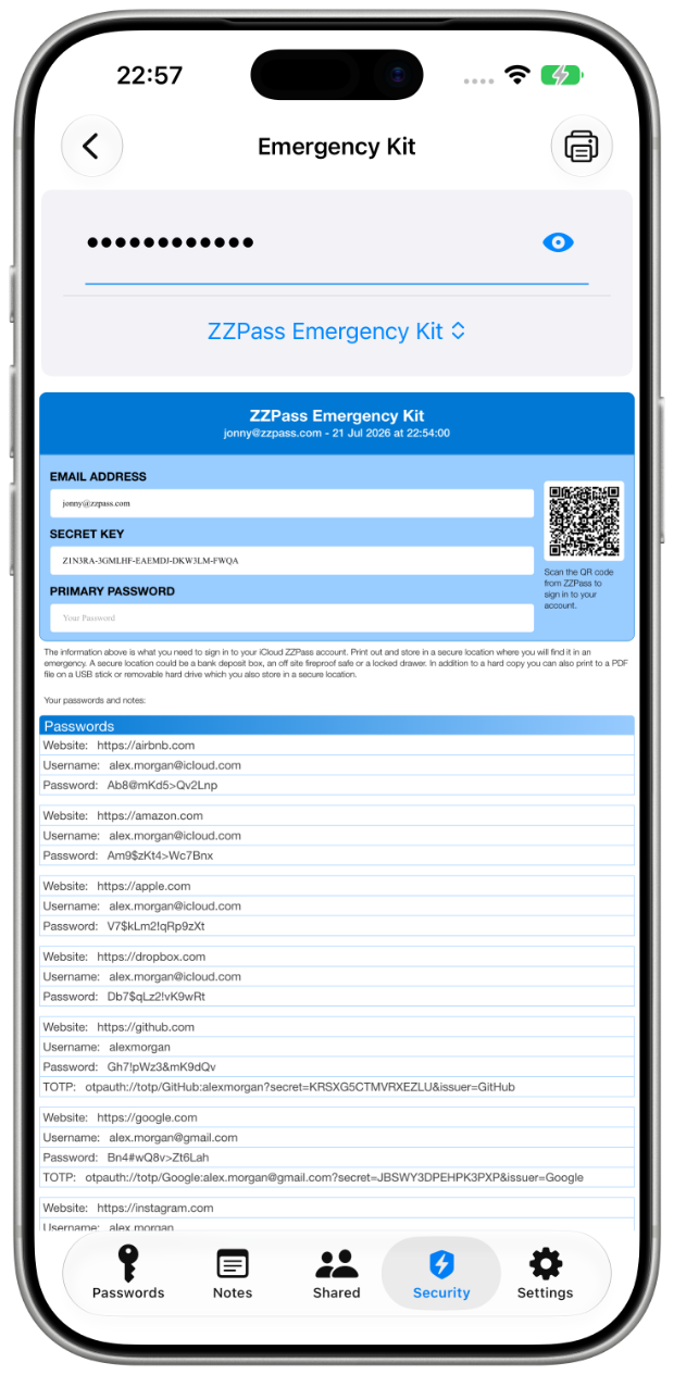 ZZPass Emergency Kit print preview on iPhone