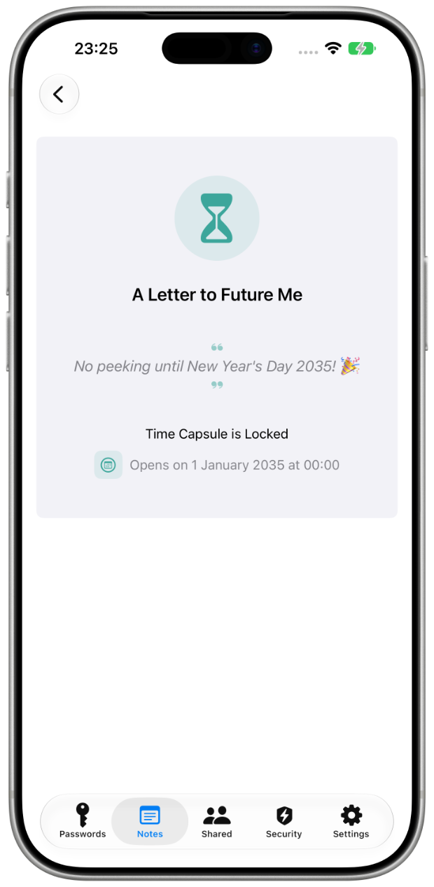 A locked TimeCapsule note on iPhone