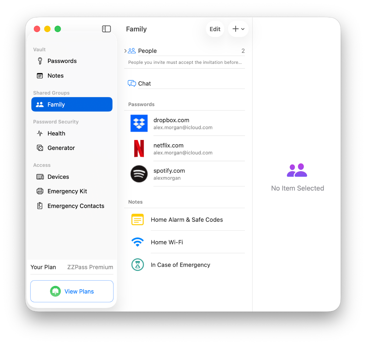 A shared Family group in ZZPass on Mac
